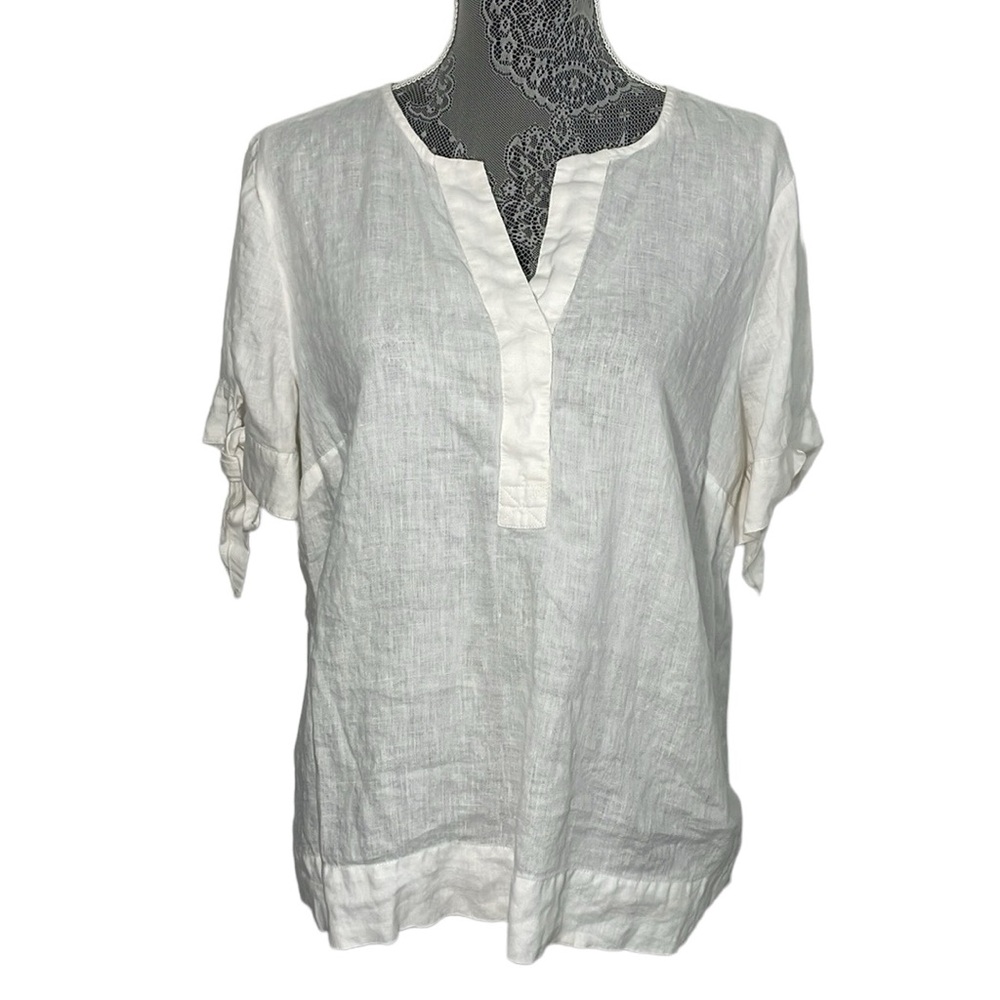 Charter Club Women’s Size XL 100% linen white short sleeve v-neck shirt. EUC
